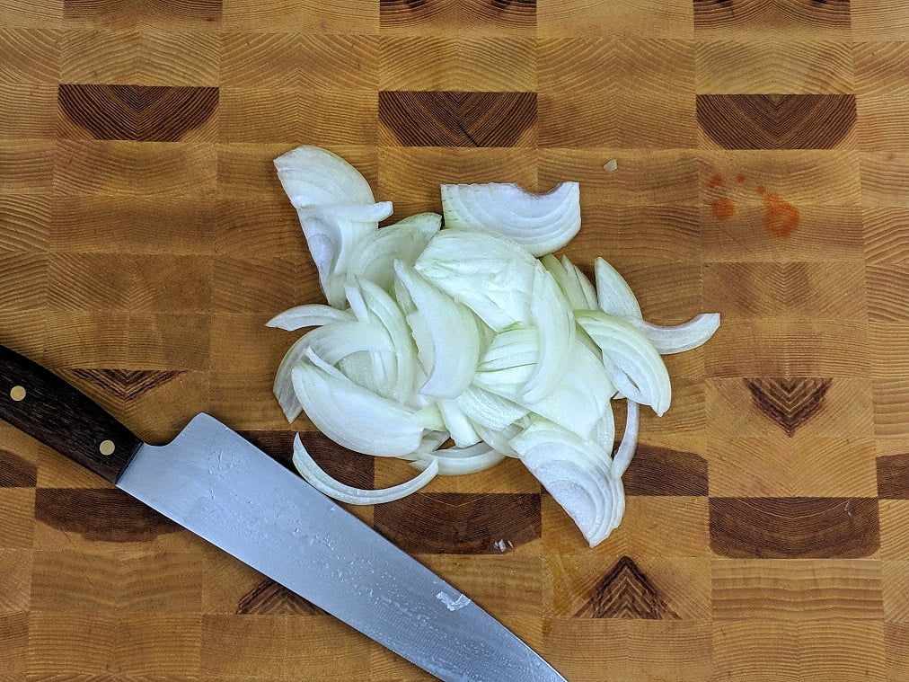 Peeling an onion for the stroganoff