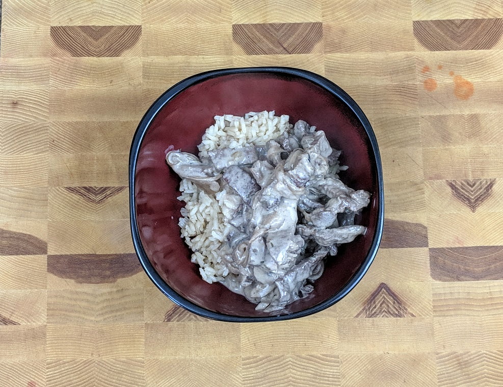 Finished beef stroganoff plated and ready to eat