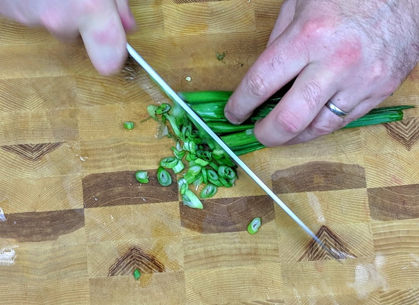 Thinly slicing the green onion tops