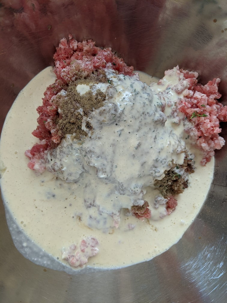 All p&acirc;t&eacute; ingredients combined in a bowl