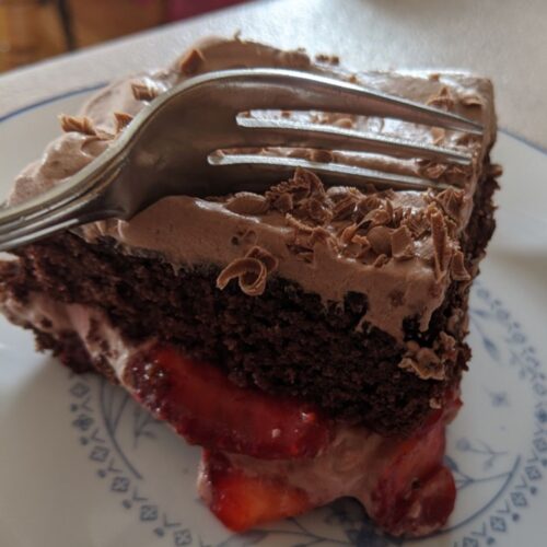 Chocolate cake with chocolate butter cream, chocolate shavings, and strawberries
