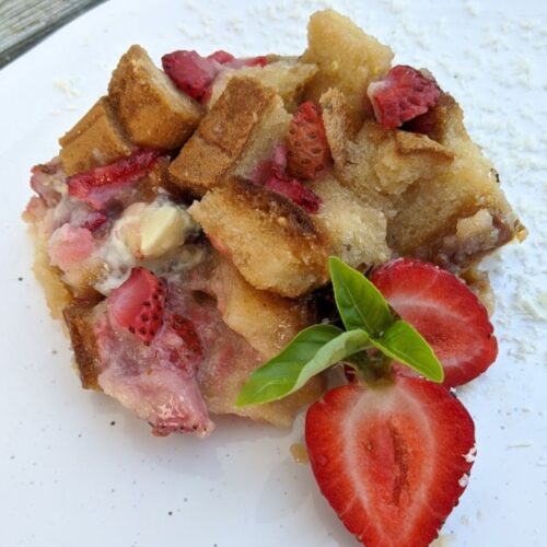 Strawberry white chocolate bread pudding
