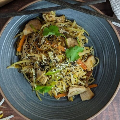 A bowl of bbq pork chow mein