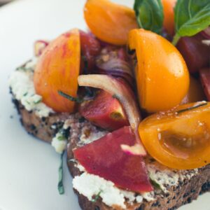Marinated tomatoes on toast with herbbed ricotta