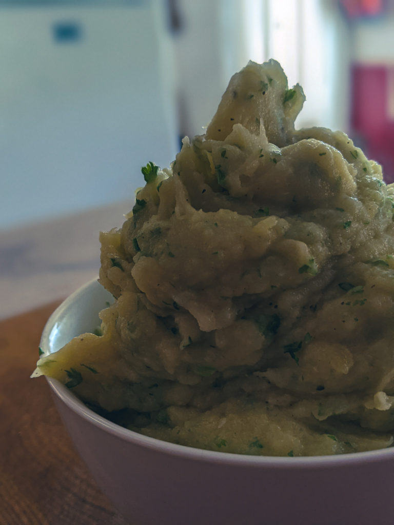 Close-up of the ultimate Thanksgiving mashed potatoes