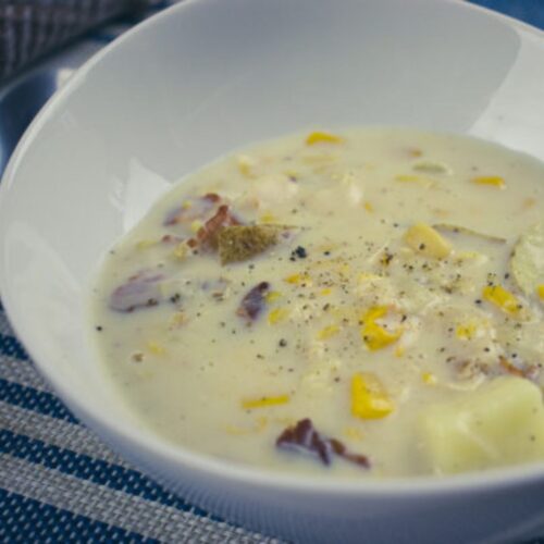 Creamy chicken and corn chowder with fresh cracked pepper