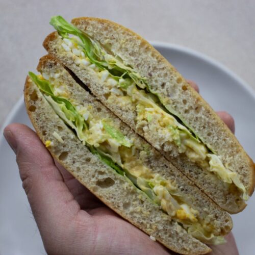 Egg salad sandwich made with devilled eggs.