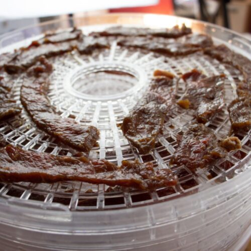 Homemade teriyaki beef jerky in a food dehydrator