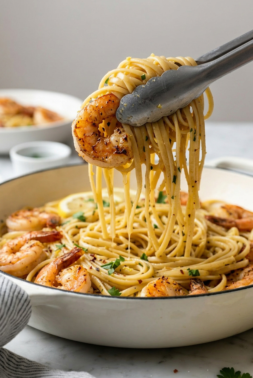 20minute shrimp scampi pasta for two close up