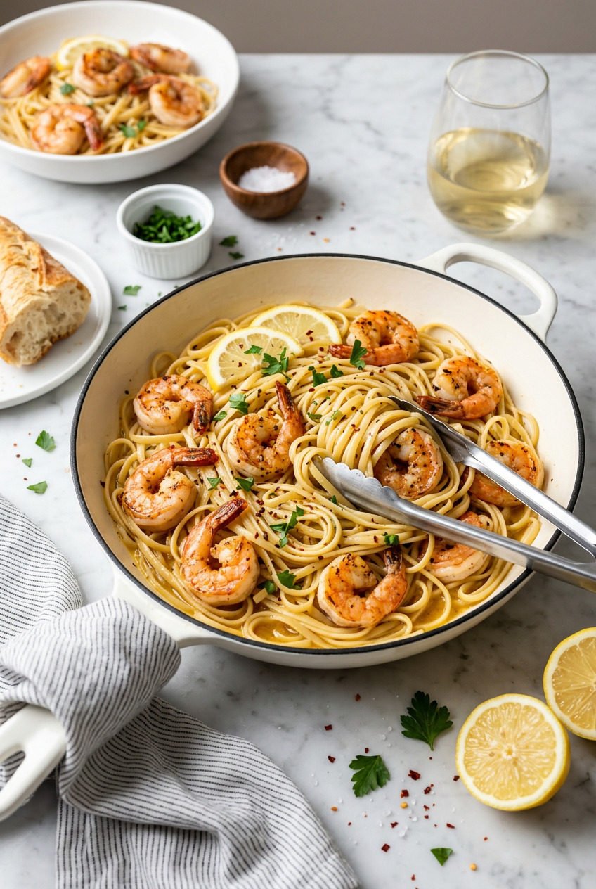 20minute shrimp scampi pasta for two in a Dutch oven