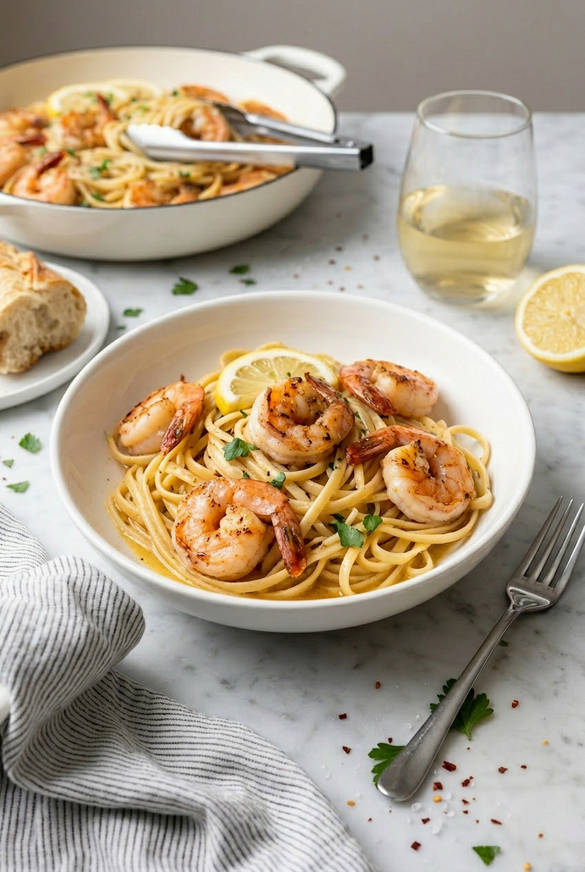 20minute shrimp scampi pasta for two served