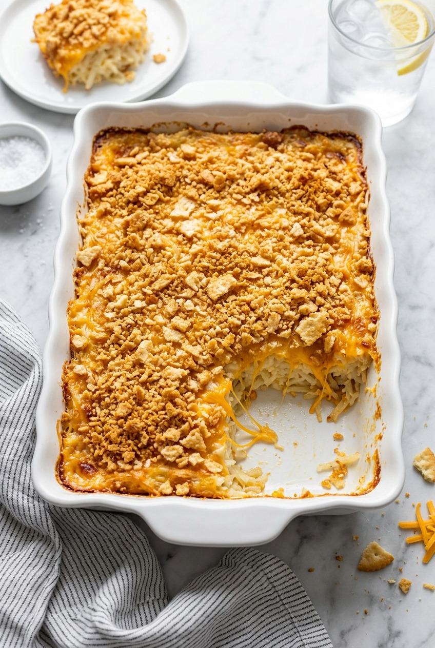 cheesy hash brown casserole in a Dutch oven