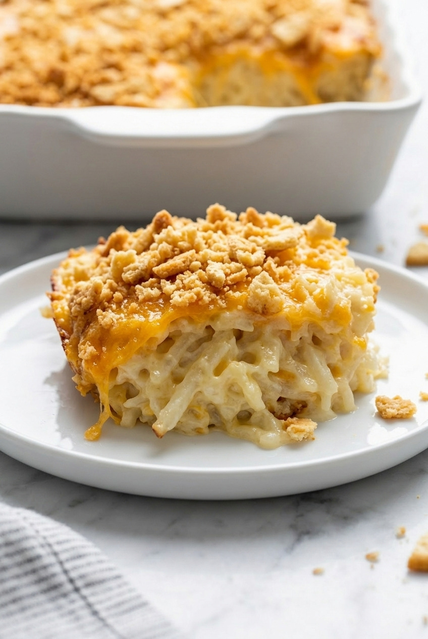 cheesy hash brown casserole side view