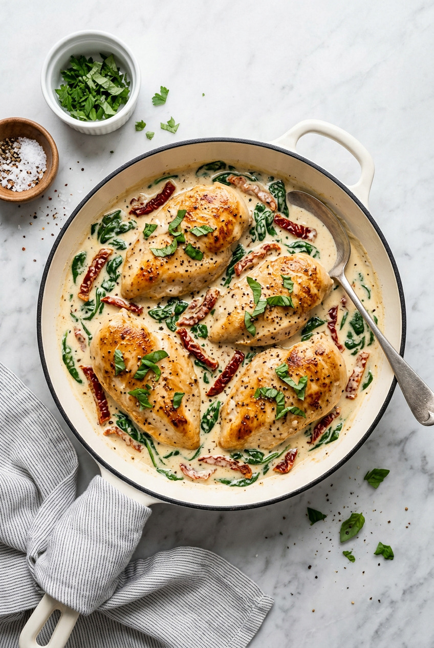 tuscan chicken in a Dutch oven