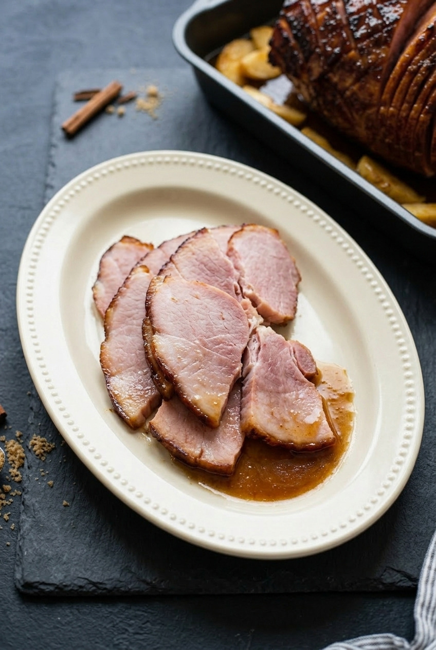 applesauce glazed ham side view