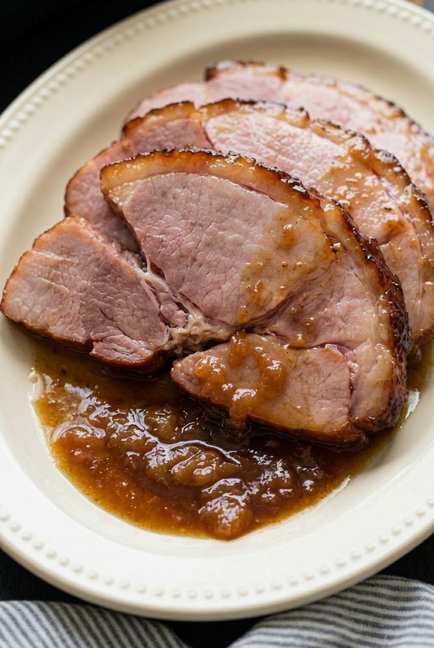 applesauce glazed ham served