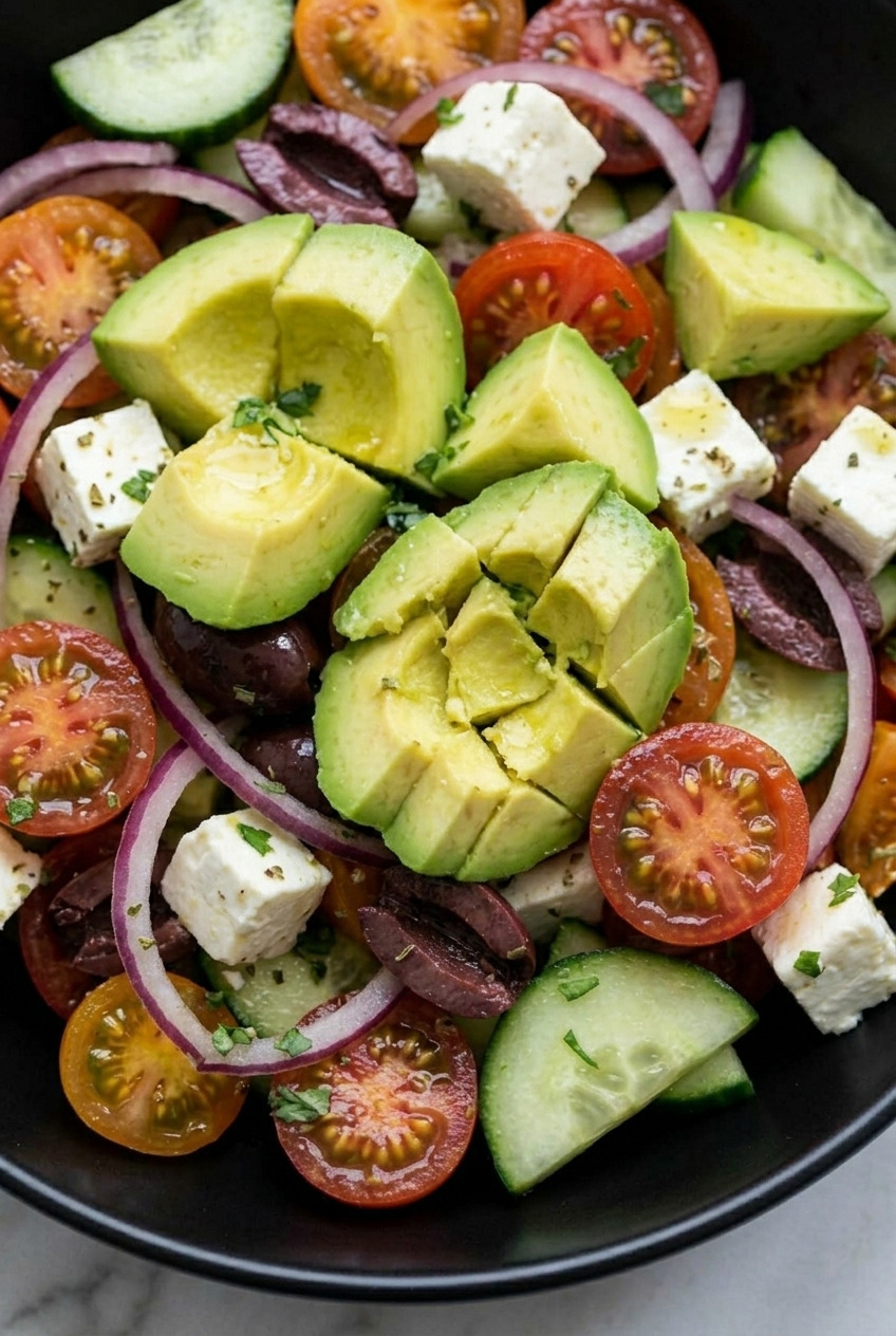 avocado greek salad close up