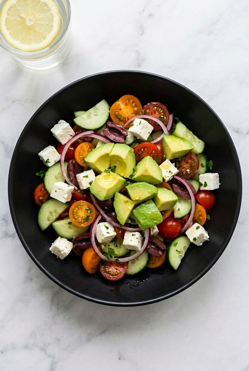 avocado greek salad dinner scene