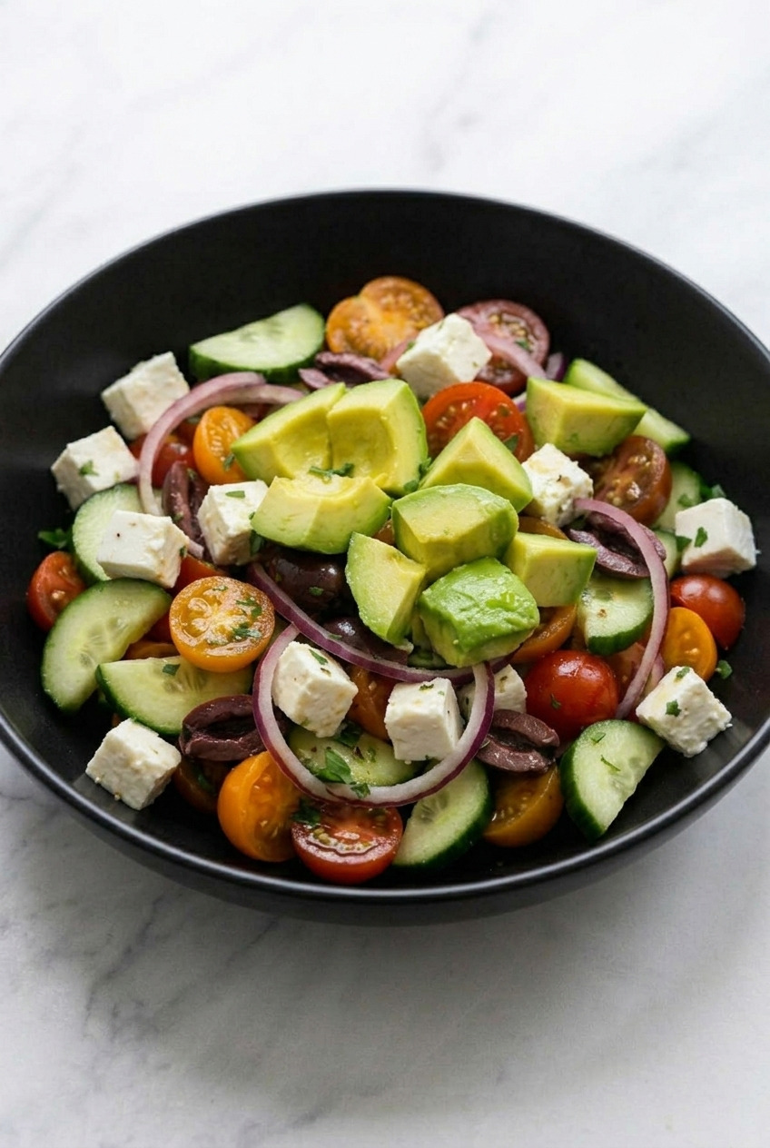 avocado greek salad side view