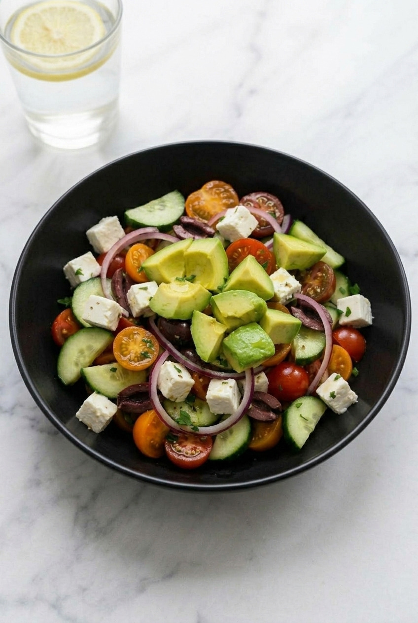 avocado greek salad served