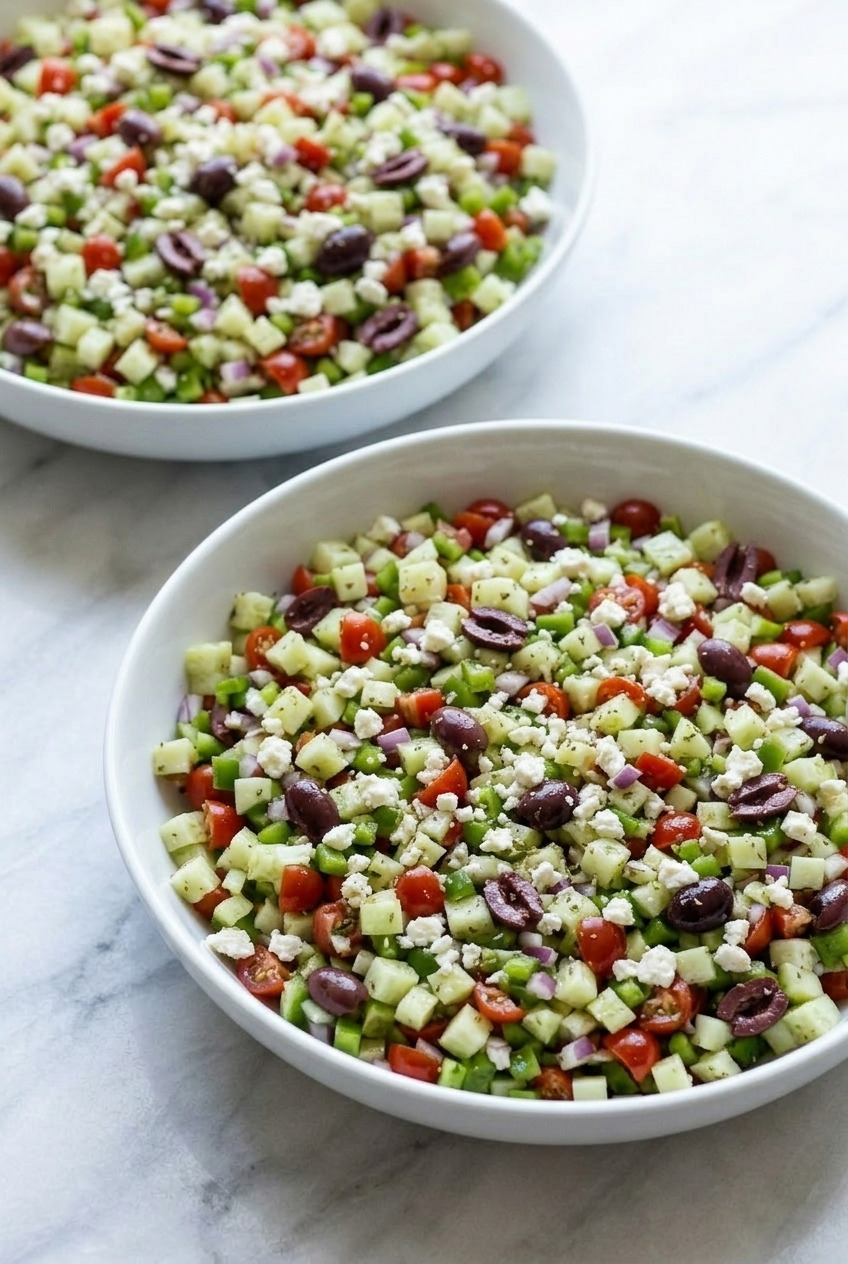 chopped greek salad dinner scene