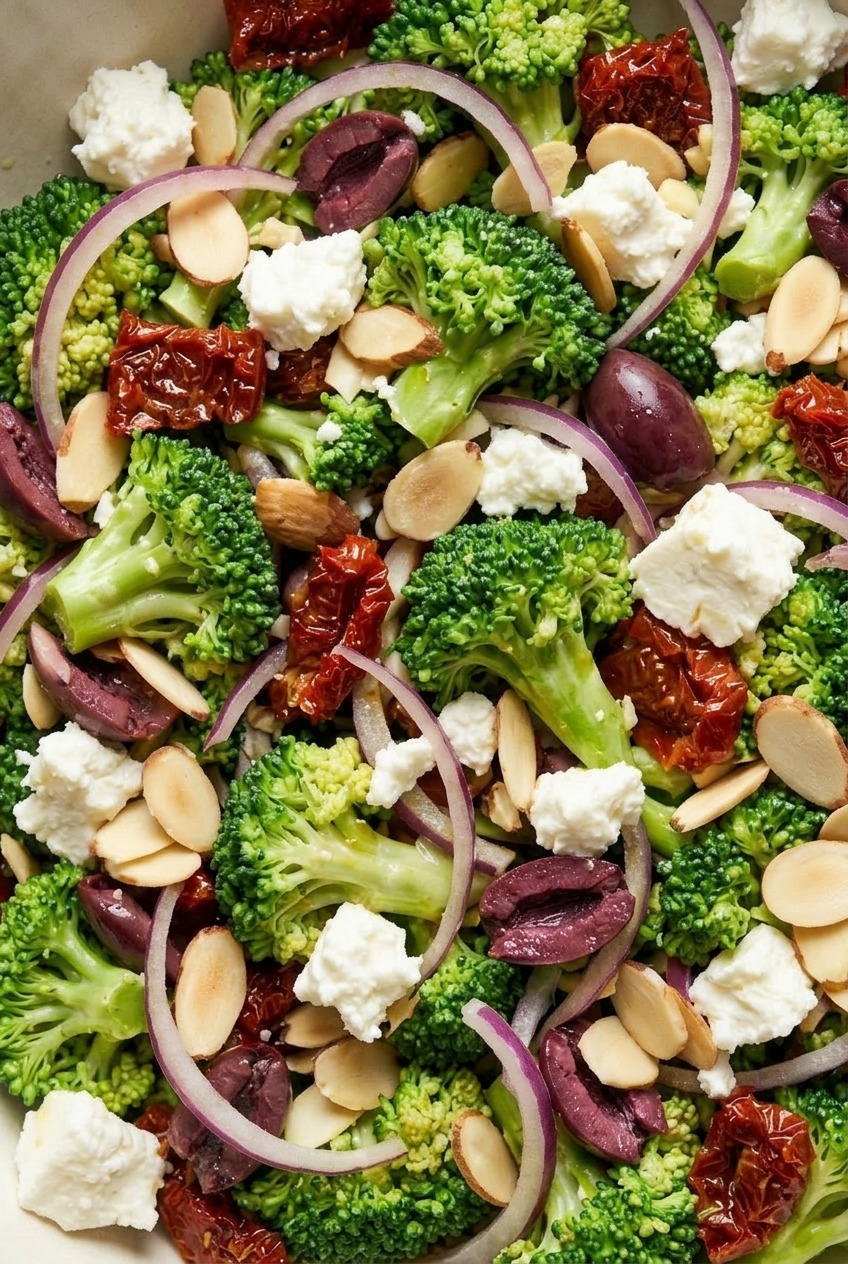 greek broccoli salad close up