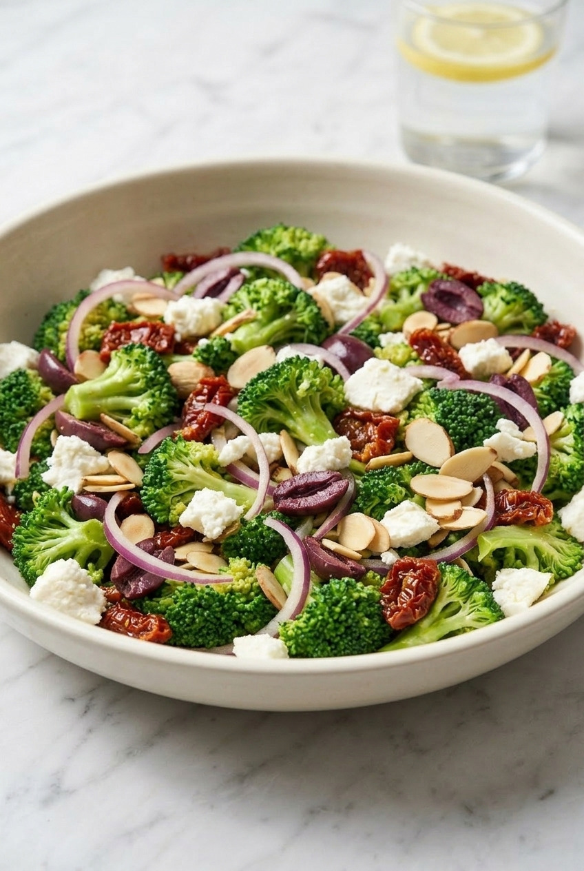 greek broccoli salad side view