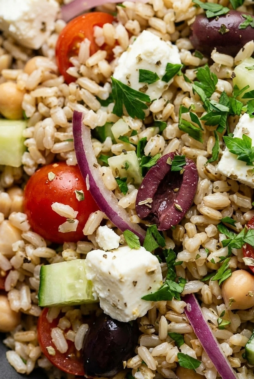 greek brown rice salad close up