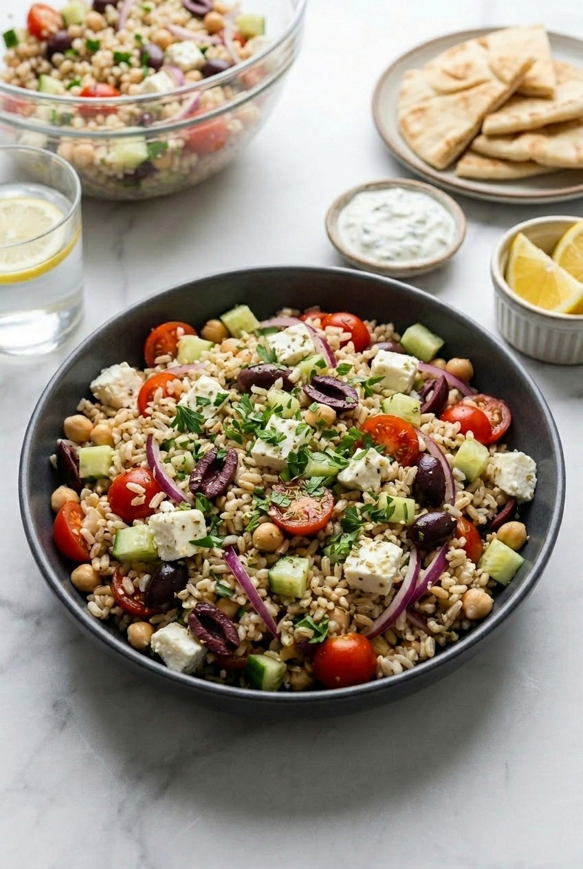 greek brown rice salad complete meal