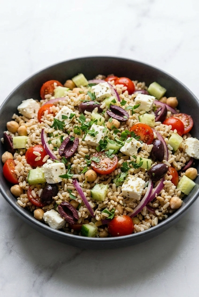 greek brown rice salad dinner scene