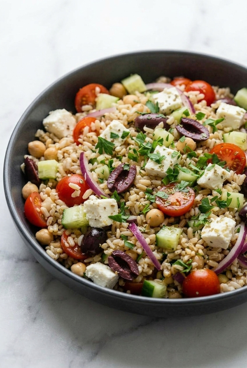 greek brown rice salad side view