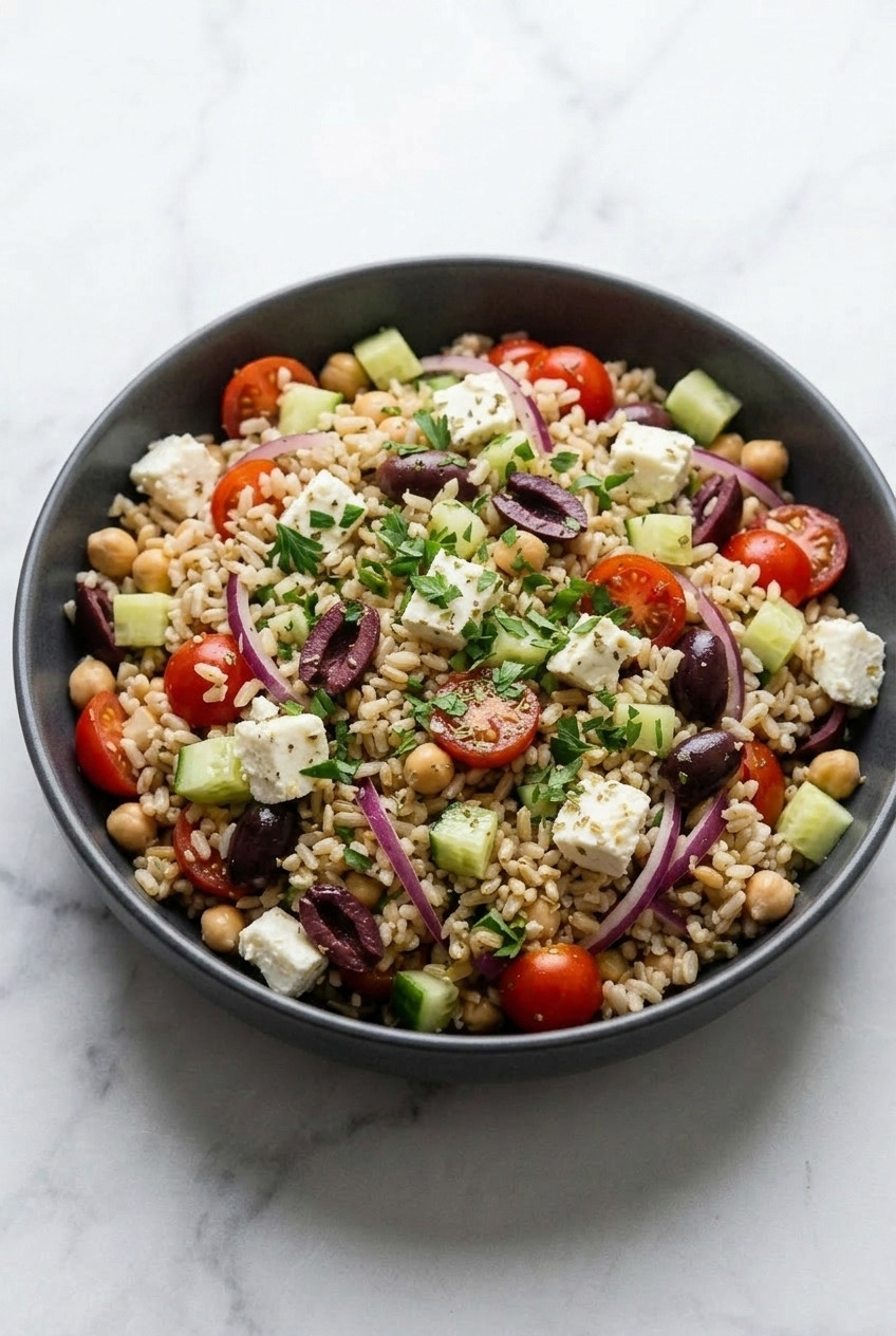 greek brown rice salad served