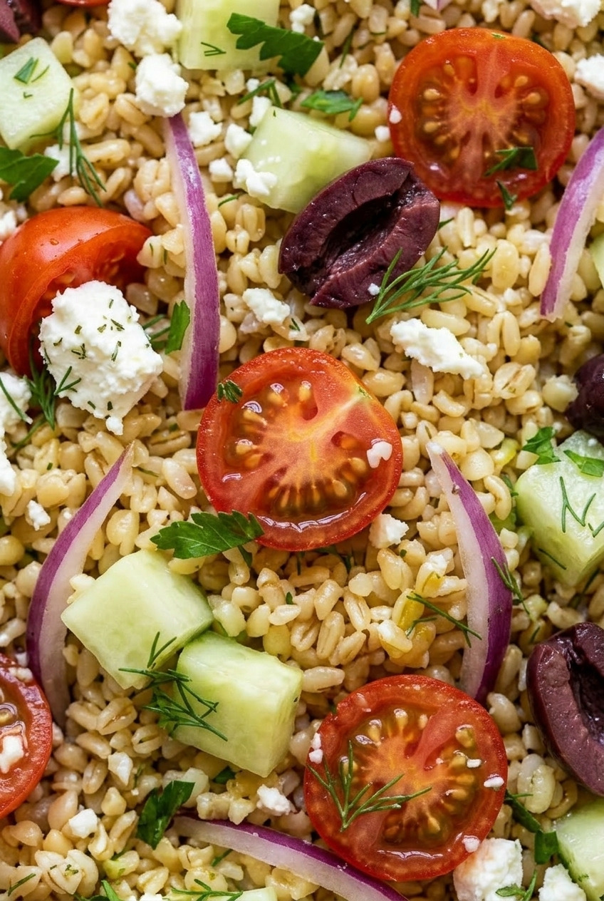 greek bulgur salad close up