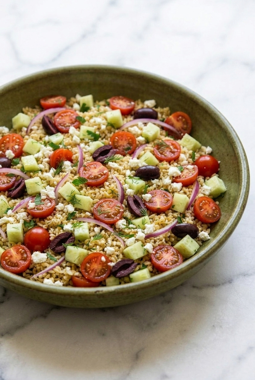 greek bulgur salad dinner scene