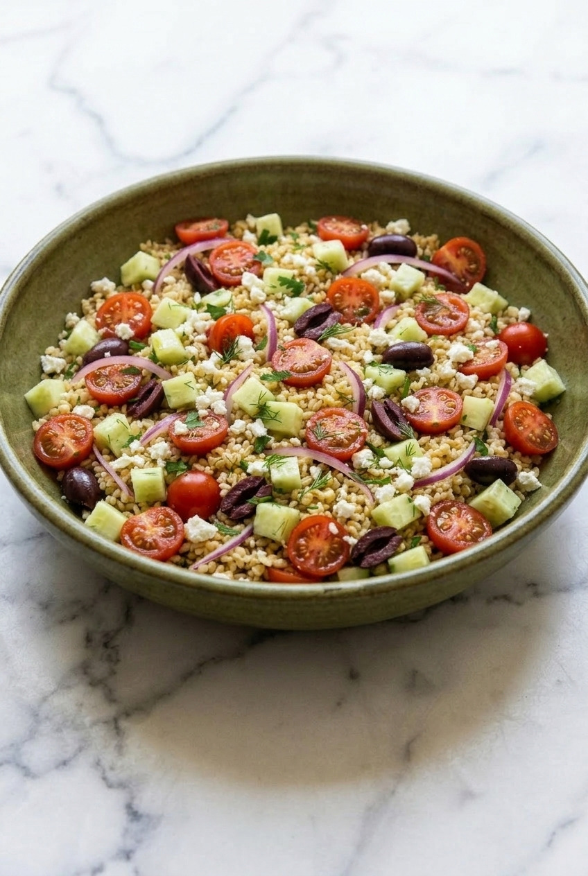 greek bulgur salad side view