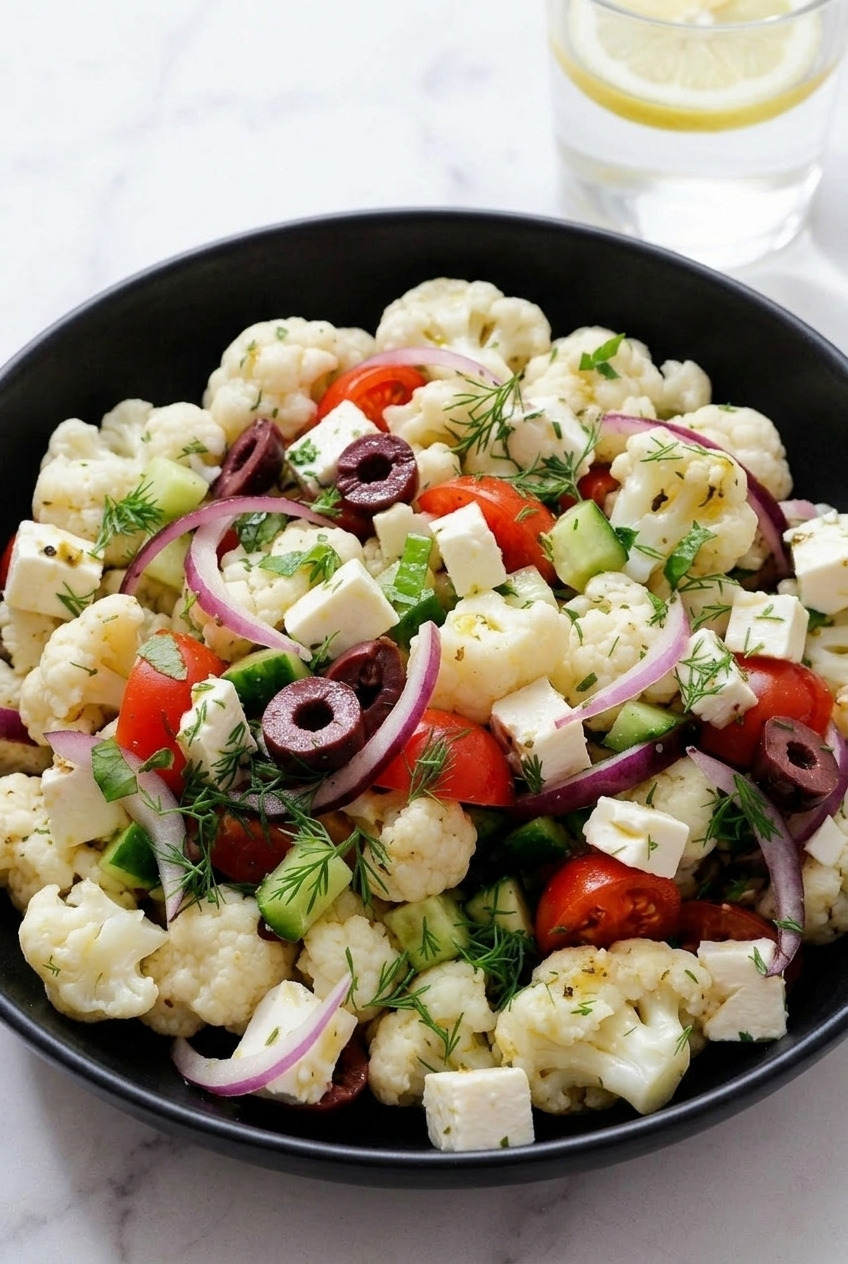 greek cauliflower salad dinner scene