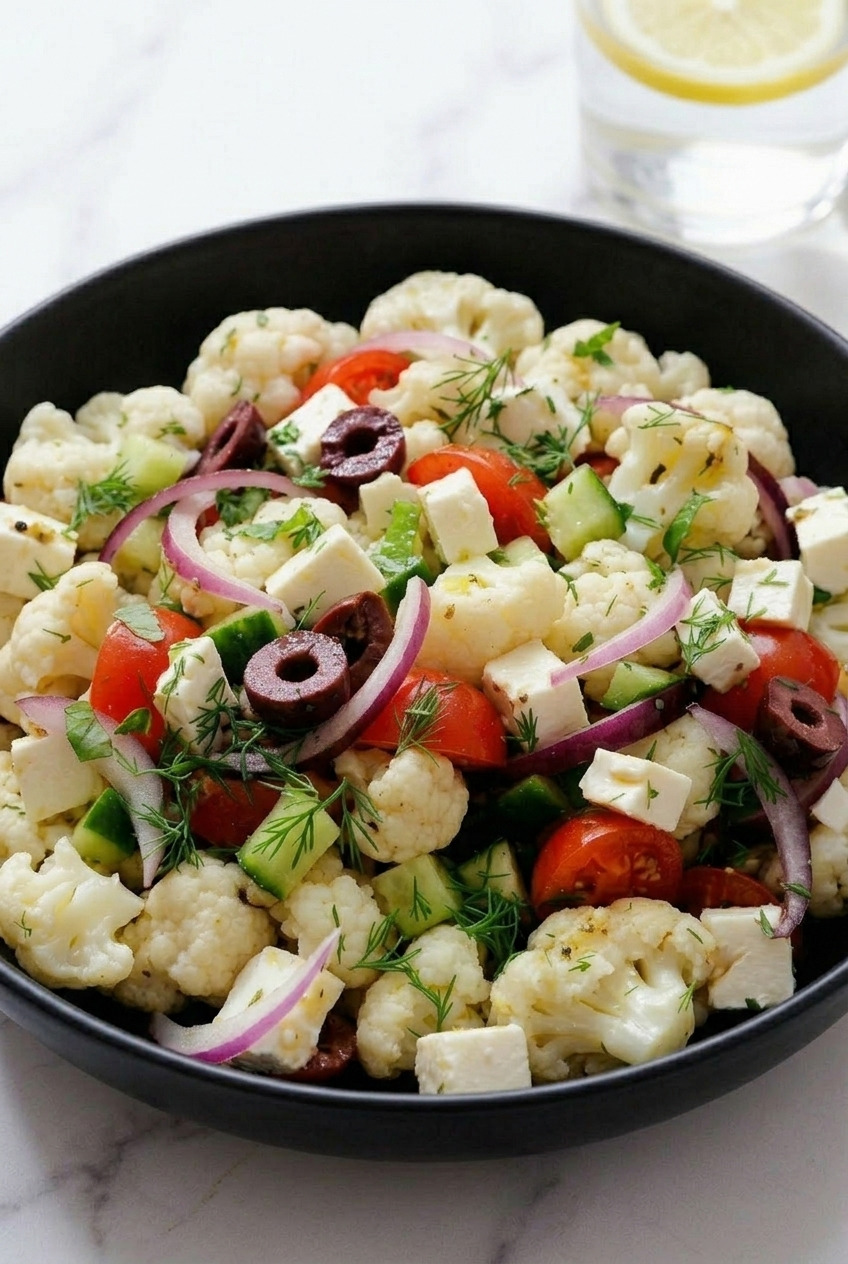 greek cauliflower salad served