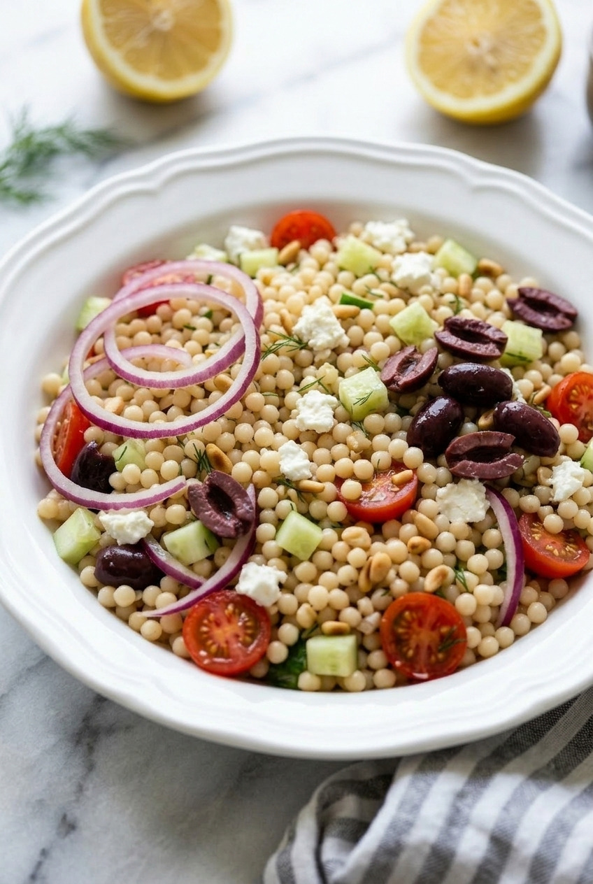 greek couscous salad dinner scene