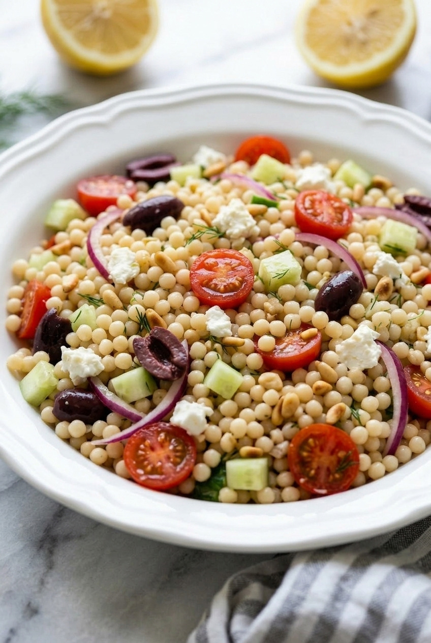 greek couscous salad side view