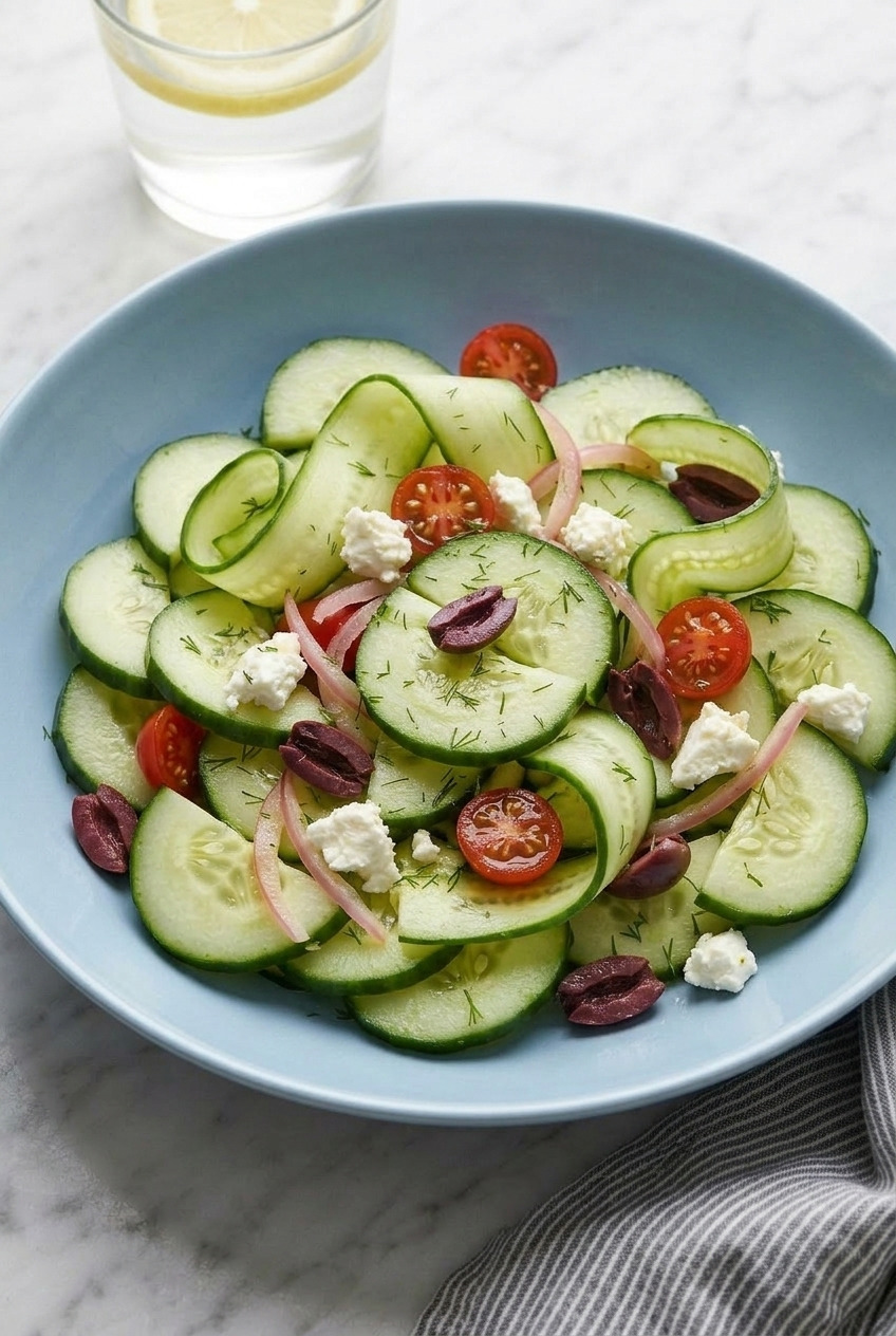 greek cucumber salad dinner scene