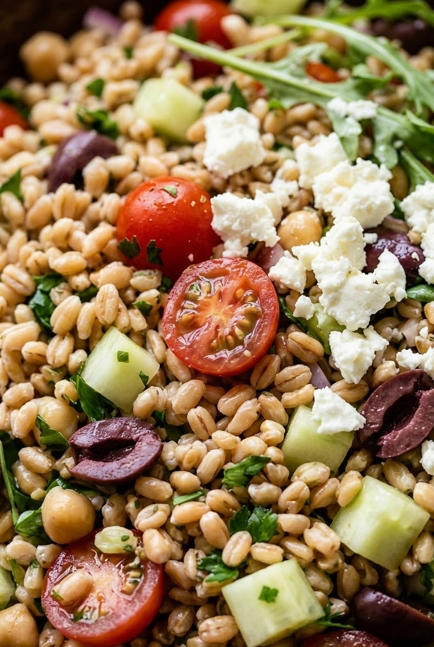 greek farro salad close up