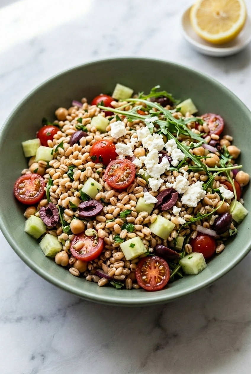 greek farro salad dinner scene
