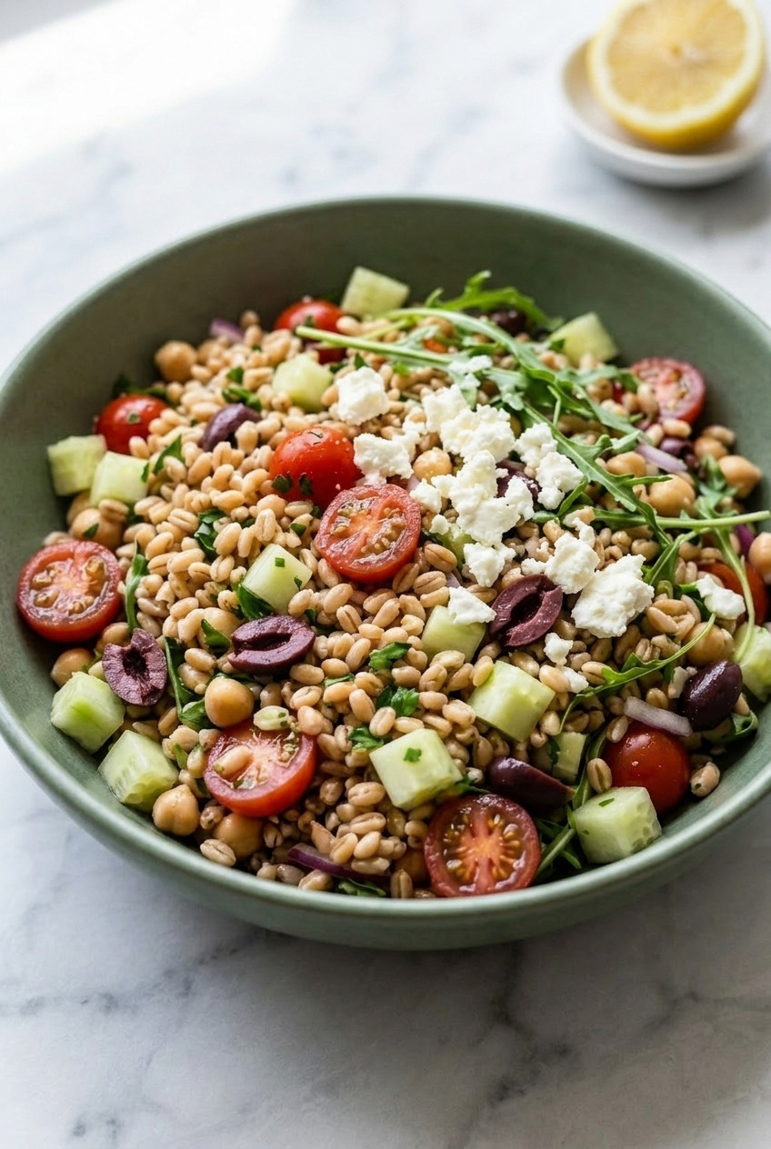 greek farro salad side view