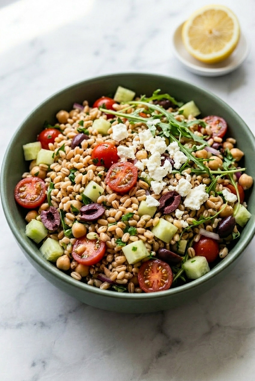 greek farro salad served