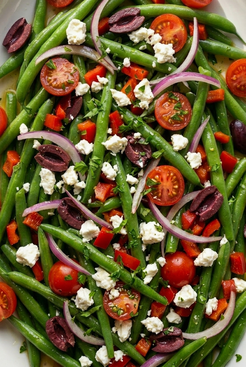 greek green bean salad close up