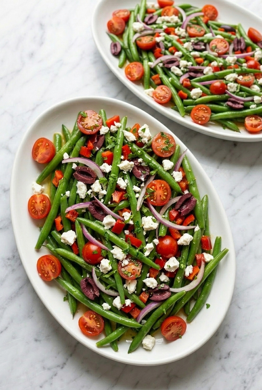 greek green bean salad dinner scene
