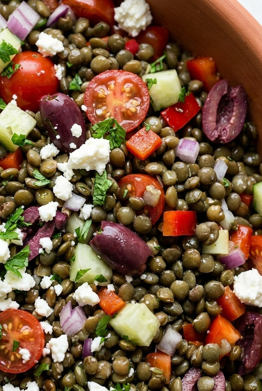 greek lentil salad close up
