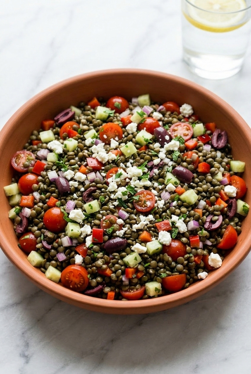 greek lentil salad side view
