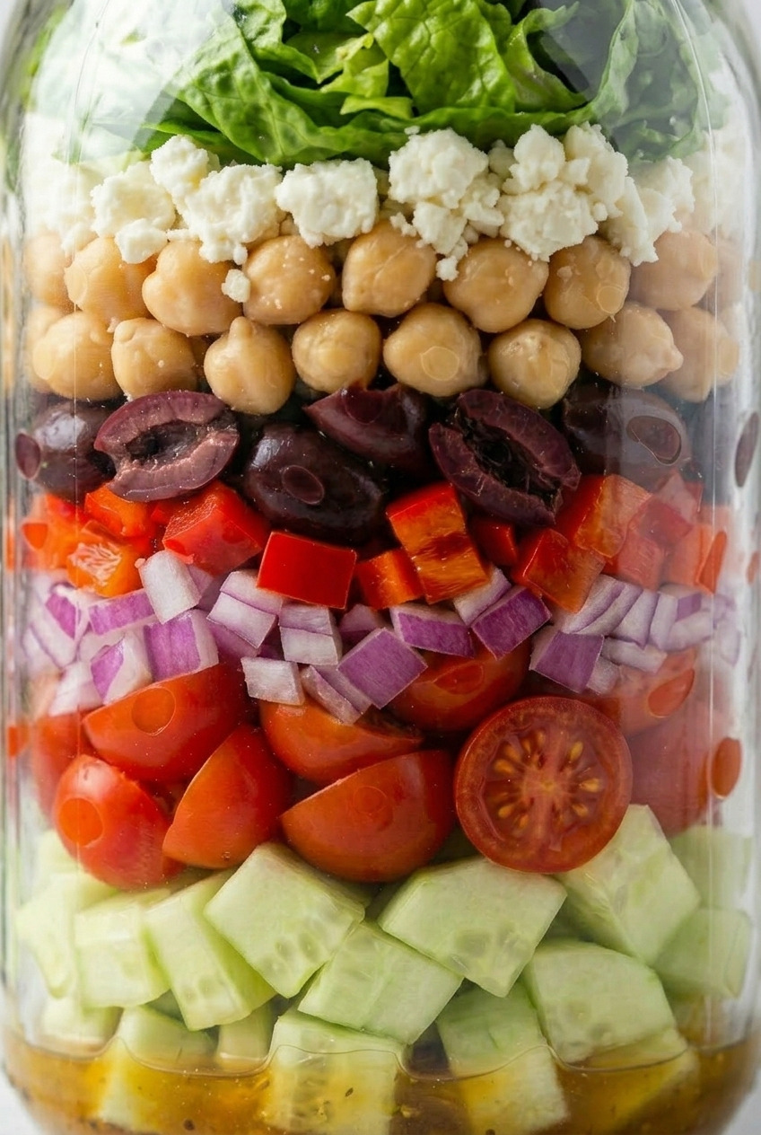 greek mason jar salad close up