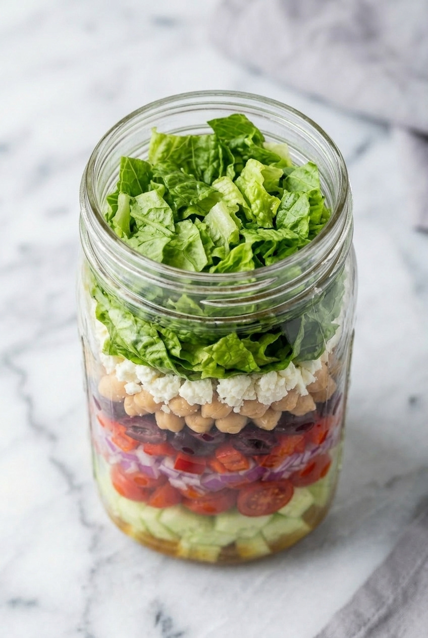 greek mason jar salad dinner scene